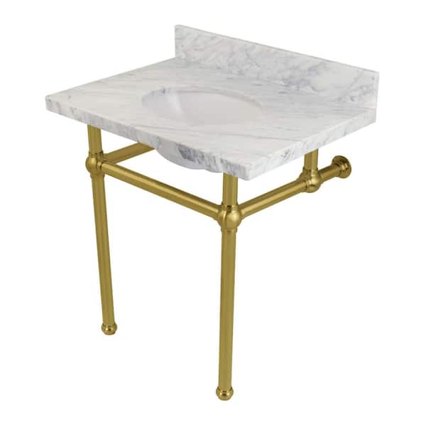 Templeton 30 in. x 22 in. Console Sink in White/Brushed Carrara Marble Brass with Brass Legs