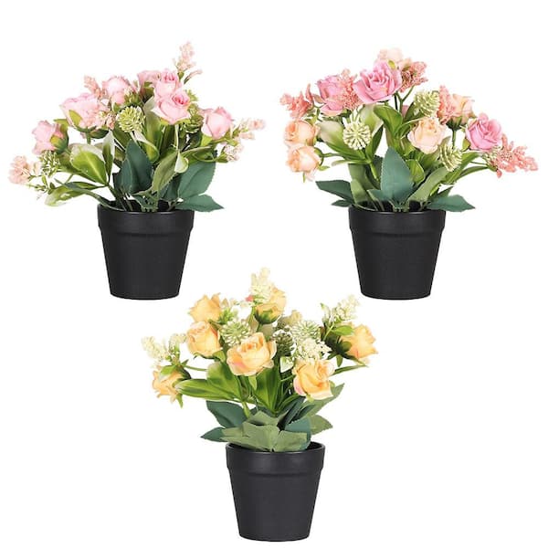 Oumilen 3 Packs 8 in. Colorful Artificial Rose Potted Flower Plant with Black Pot for Home Decor