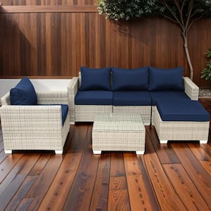 6-Piece Gray Wicker Patio Conversation Set with Dark Blue Cushions