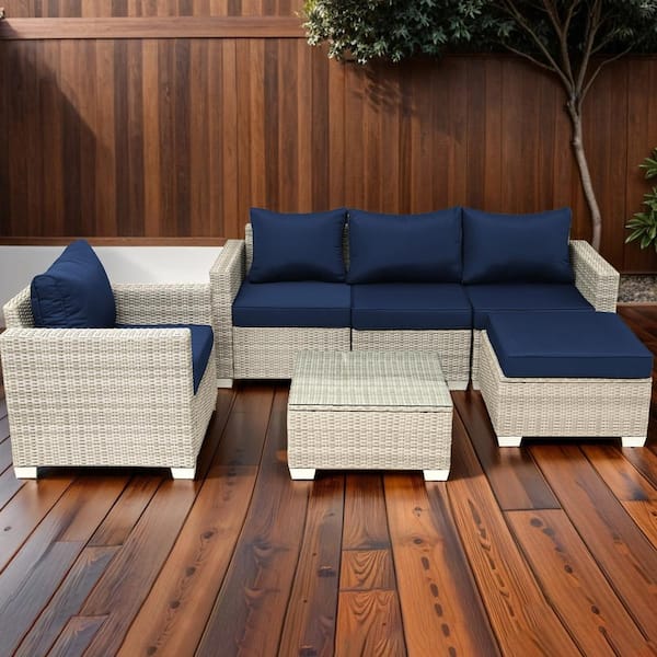 Tenleaf 6-Piece Gray Wicker Patio Conversation Set with Dark Blue Cushions