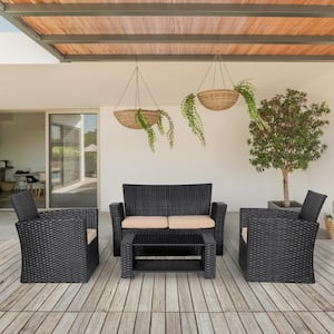 Hudson 4-Piece Black Wicker Outdoor Patio Loveseat and Armchair Conversation Set with Beige Cushions and Coffee Table