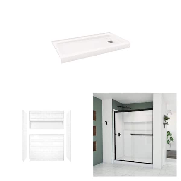 Aloha 60 in. x 32 in. Shower Pan, NexTile 60 in. x 32 in. x 74 in. Wall Kit and 56-60 in. Sliding Door Combo