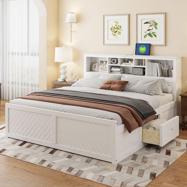 White Wood Frame King Size Platform Bed with Multi-Storage Headboard, USB and Drawers