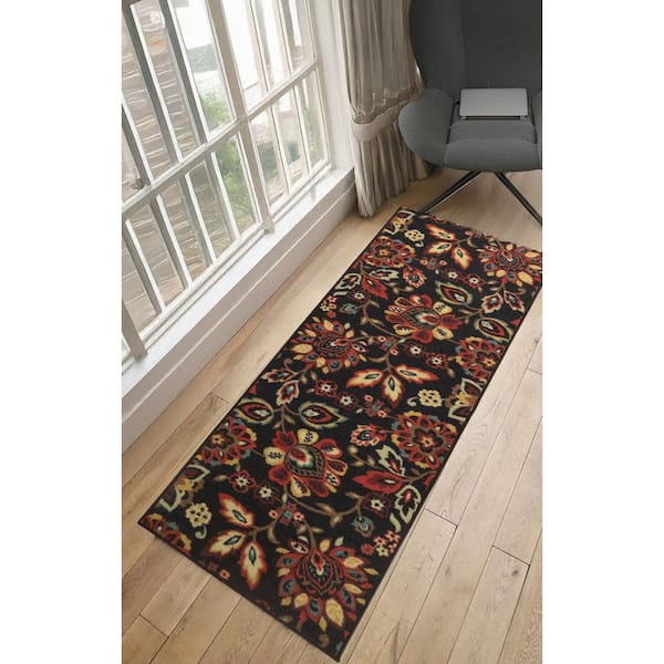 Berber Collection Floral Black 26 in. W x 96 in. L Stair Runner 17.35 sq. ft.