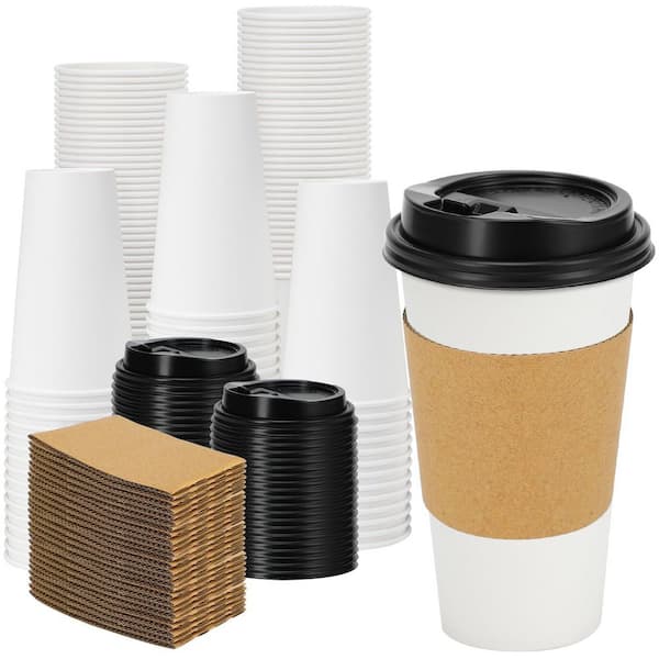 50 pack 20 oz disposable white paper coffee cups with lids and sleeves for hot and cold drinks