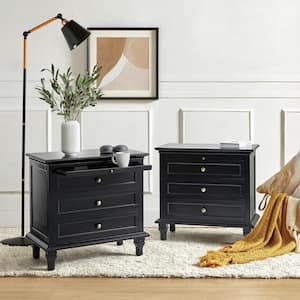 Julia Black 3-Drawer Traditional Style Nightstand with Built-In Outlets Set of 2