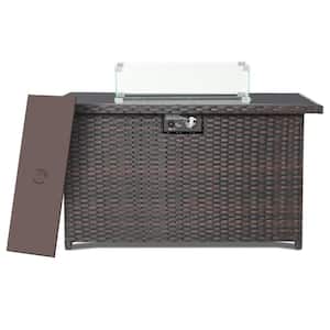 43 in. 50,000 BTU Rectangle Brown Wicker Outdoor Fire Pit Table with Glass Wind Guard