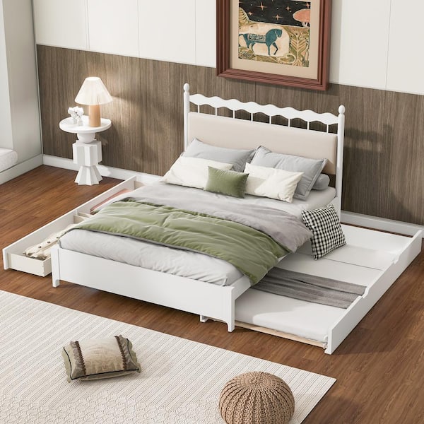 Harper & Bright Designs White Wood Frame Queen Platform Bed with a Twin Size Trundle and 2 Storage Drawers