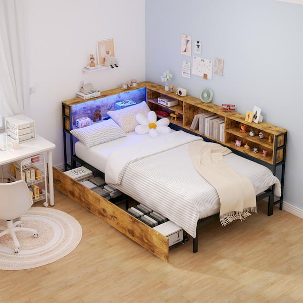 Riley Brown Wood Frame Twin Size Daybed with Storage Drawers, LED Light, Charging Station, Storage Shelves