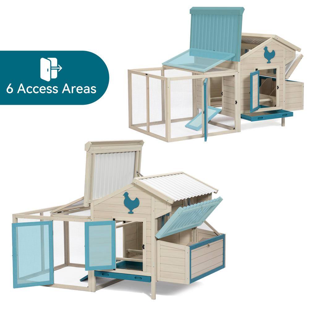 74" White and Blue Solid Wood Outdoor Chicken Coop with PVC Roof