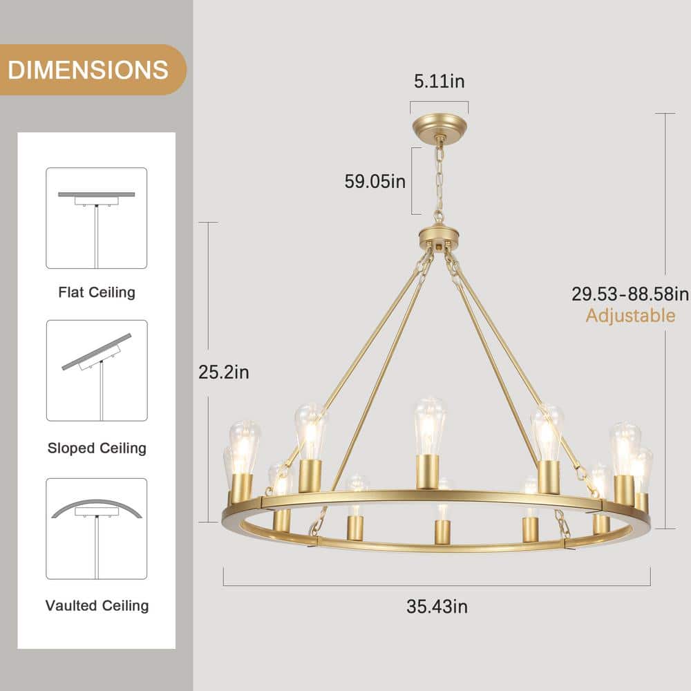 Spray Gold 12-Light Candle Style Wagon Wheel Chandelier