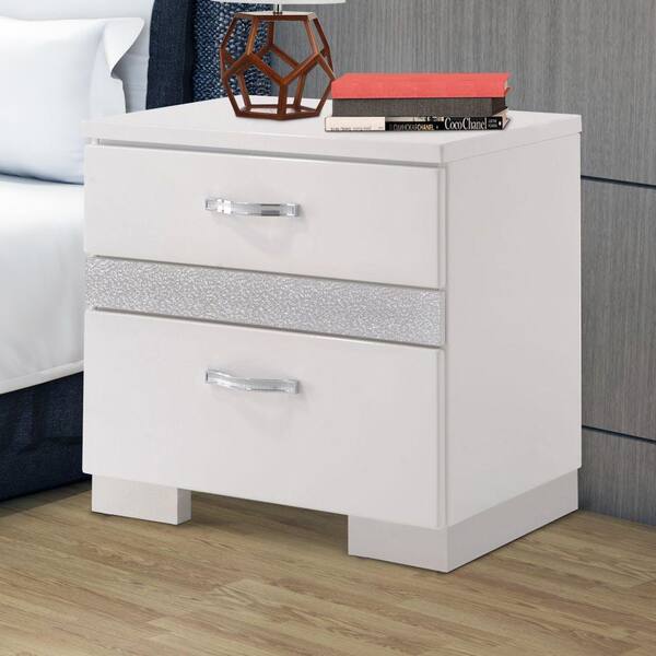Benjara 3-Drawer White Gloss Nightstand with Center Metal Glide Drawers 23.23 in. L x 15.35 in. W x 22.56 in. H