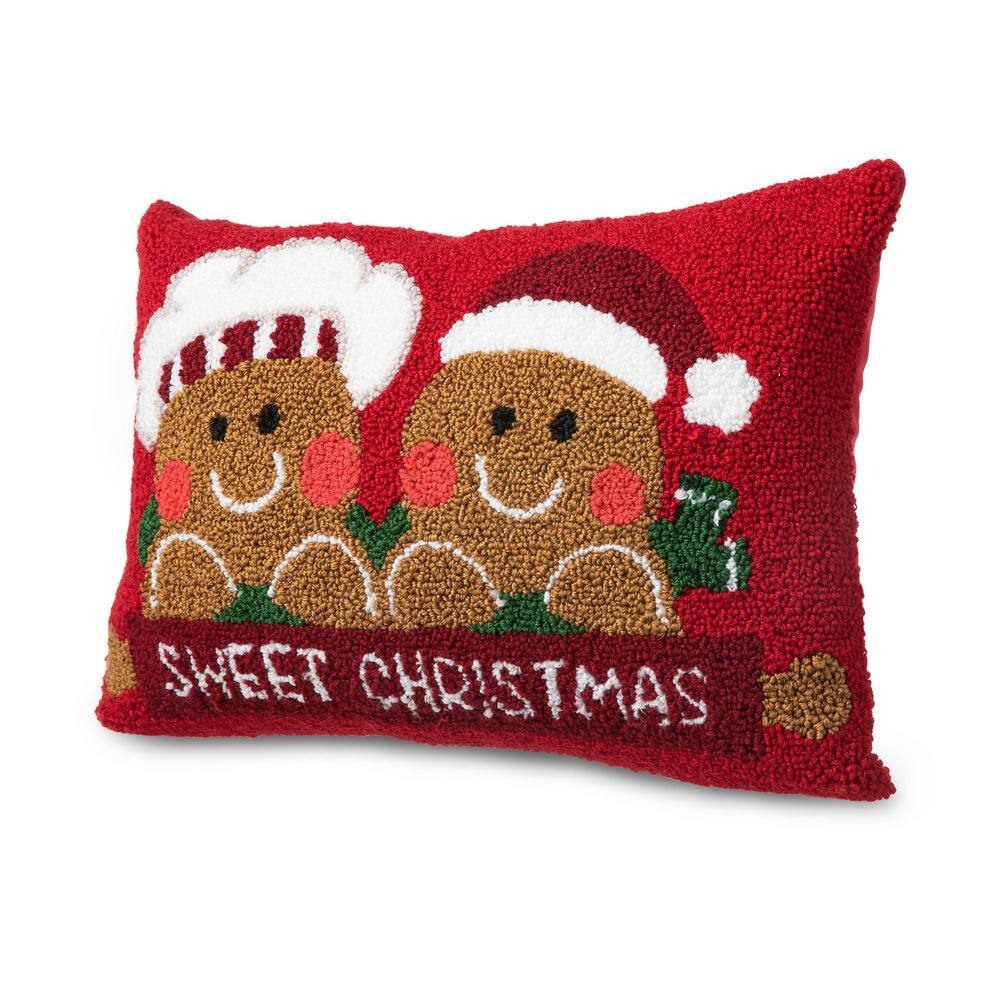 Red Rectangular Hooked Gingerbread Boy and Girl Christmas Pillow