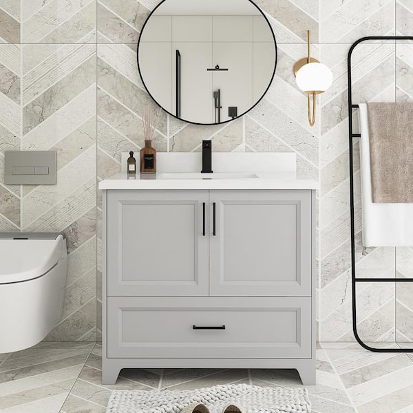 JimsMaison 37 in.W x 22 in.D x 35 in.H Single Sinks Freestanding Bath Vanity in Gray with White Engineered Stone Composite Top