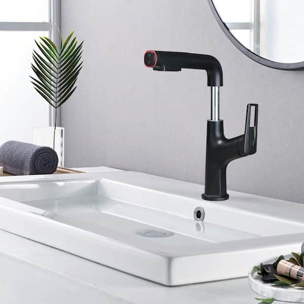 Single-Handle Pull-Down Single Hole Bathroom Faucet in Matte Black with Lift Spout and Dual Spray Modes