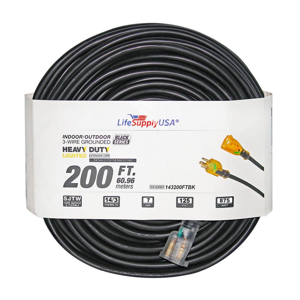 200 ft Power Extension Cord Outdoor & Indoor Heavy Duty 14 gauge/3 prong SJTW (Black) Lighted end Extra Durability 7 AMP 125 Volts 875 Watts by LifeSupplyUSA