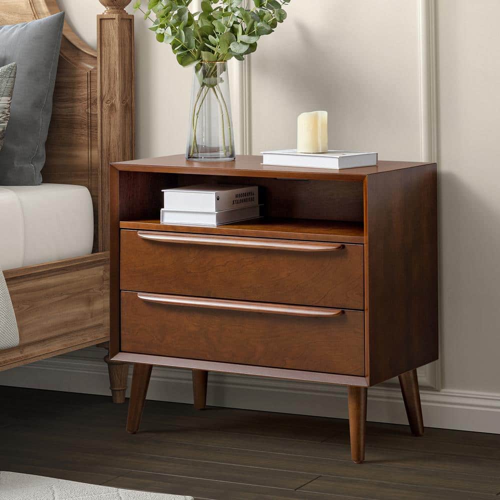 Leslie Mid-Century Modern Walnut 2-Drawer Nightstand with Built-In Outlets