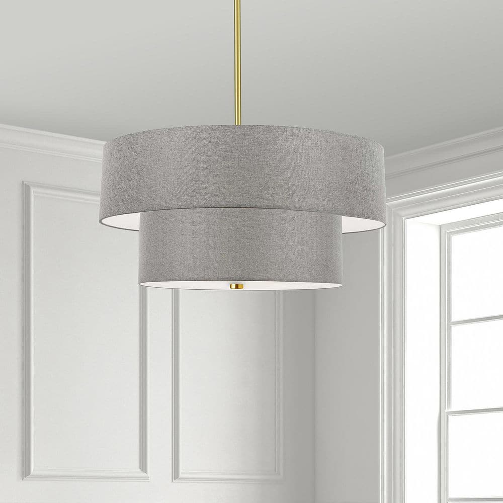 Aged Brass and Gray 2-Tier Drum Pendant Light