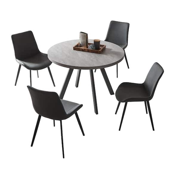 GOJANE 5-Piece Gray Round Dining Table Set Modern MDF Dining Table and 4 Grey Dining Chairs