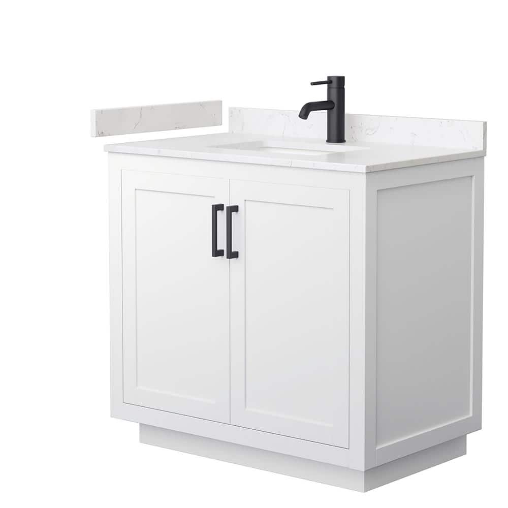 Miranda 36" White Marble and Wood Bathroom Vanity with Matte Black Trim