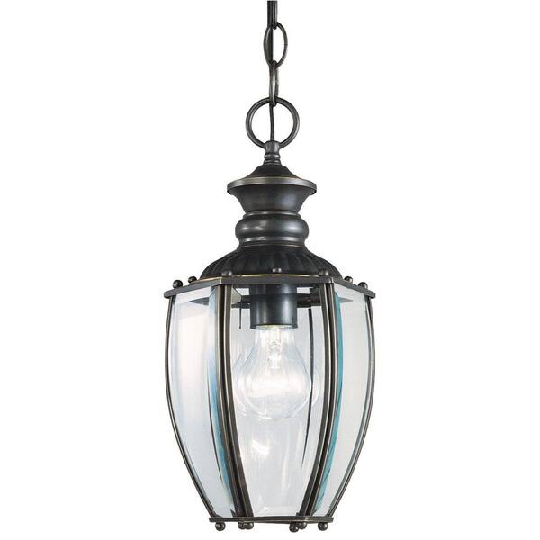 Westinghouse 1-Light Weathered Bronze on Solid Brass Dual-Mount Exterior Pendant with Clear Curved Beveled Glass Panels