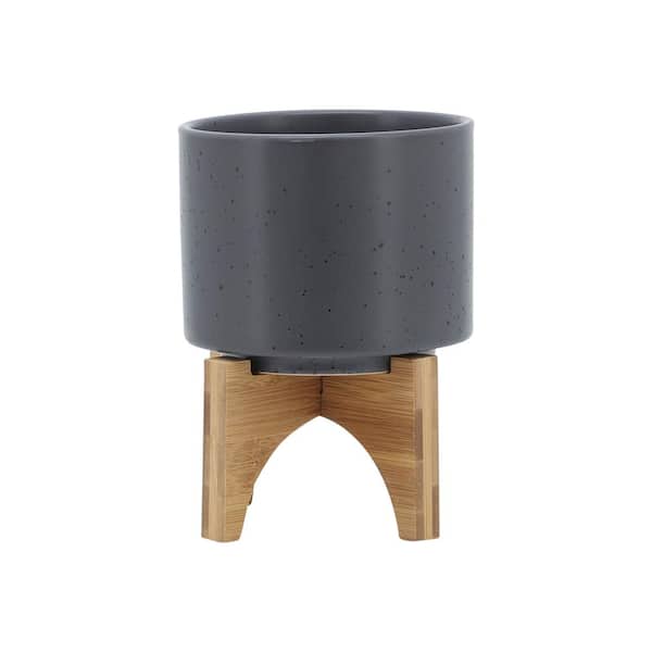 Flynama 5 in. Gray Ceramic Planter Stand Plant Pot with Wood Stand Feet for Outdoor/Indoor(1-Pack)