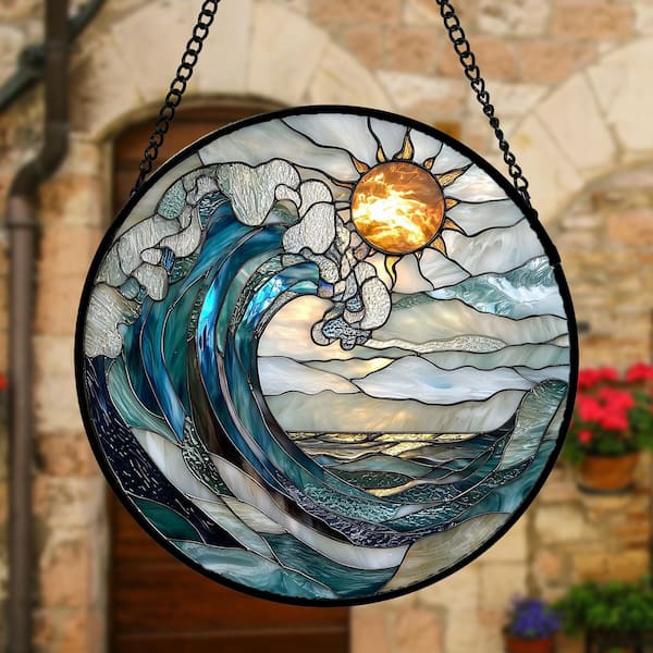 Angel Sar 6.3 in. Blue and White Waves Stained Glass Suncatcher