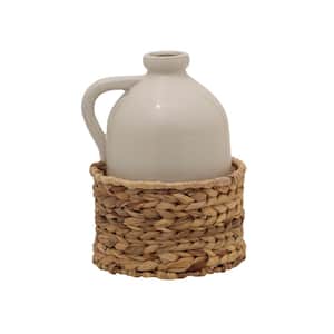 7.5X9.5-in Ceramic Jug Vase with Seagrass Basket Base, Cream