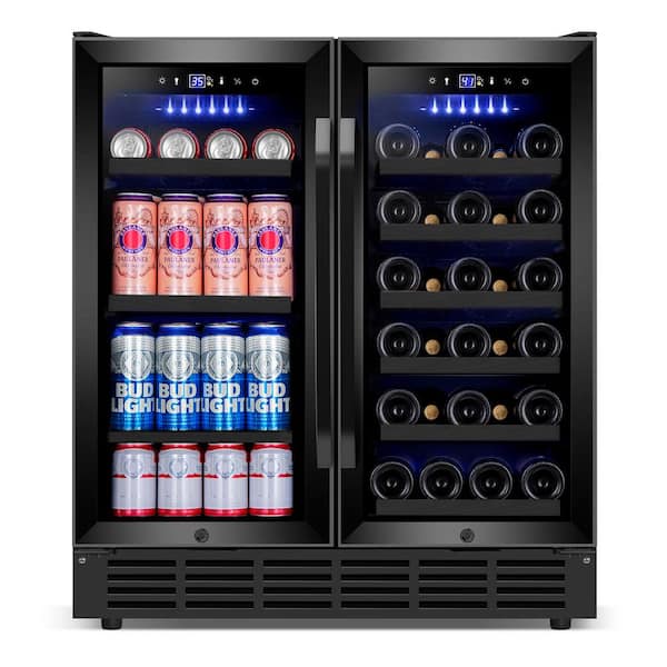 30.31 in. Dual Zone 29-Wine Bottles and 110-Cans Beverage and Wine Cooler Frost Free, Tempered Glass Door in Black
