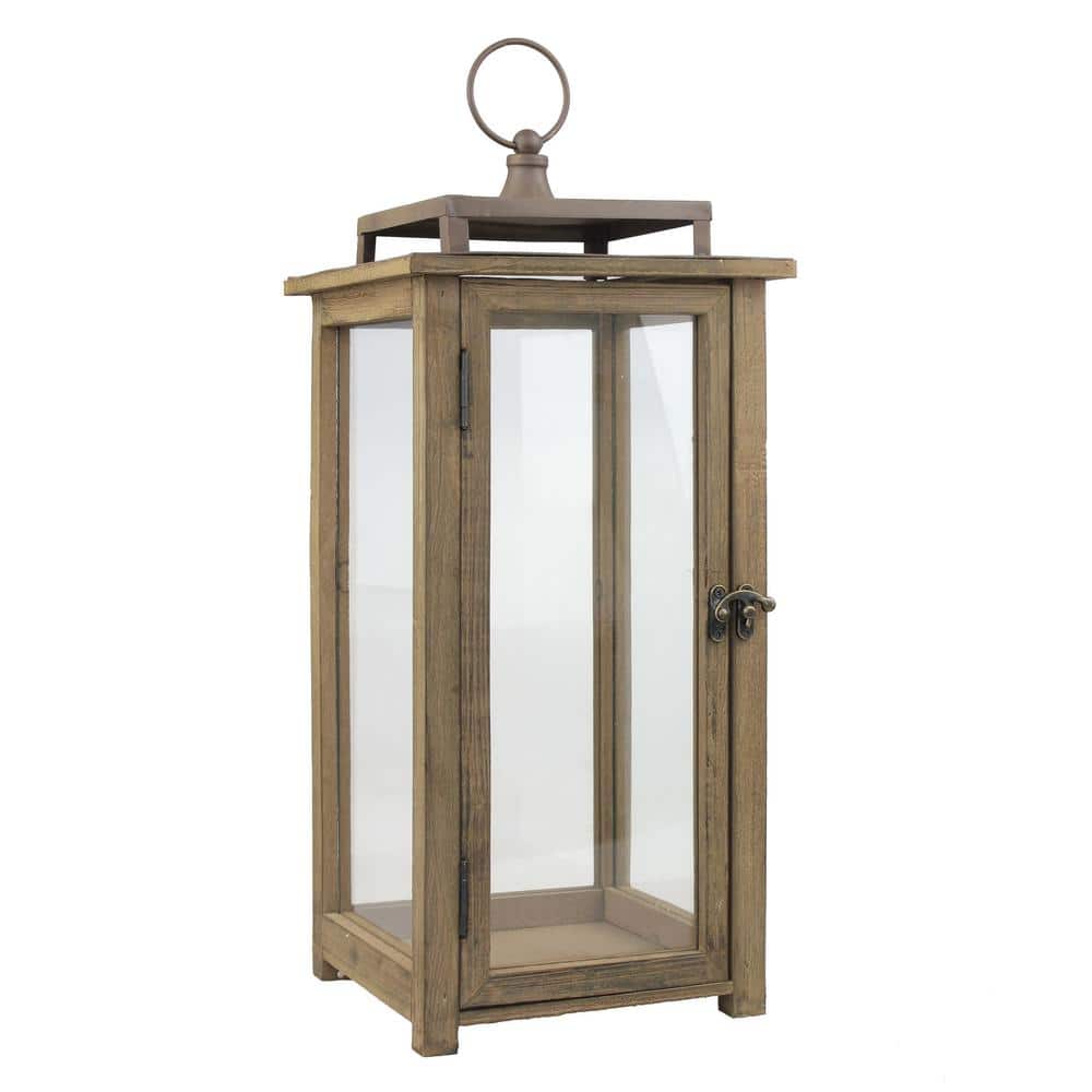 Large Rustic Wooden Hurricane Candle Lantern with Metal Top