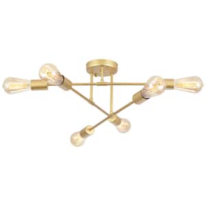 20.66  in. 6-Light Gold Dimmable Sputnik Chandelier Modern Linear Semi Flush Mount Ceiling Light for Office Living Room