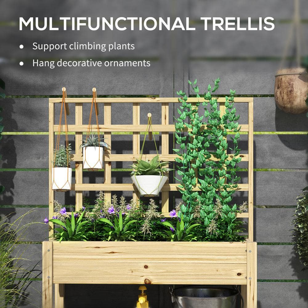 Natural Fir Wood Raised Planter Box with Trellis and Storage Shelf