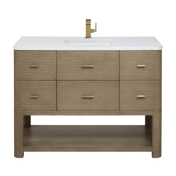 James Martin Vanities Lucian 48.0 in. W x 21.5 in. D x 36 in. H Single Bath Vanity in Pebble Oak with White Zeus Quartz Top