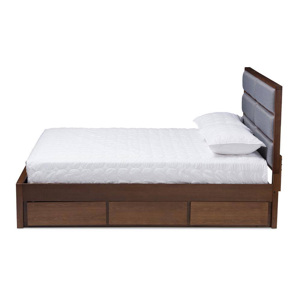 Walnut and Gray Upholstered Queen Storage Platform Bed with Drawers