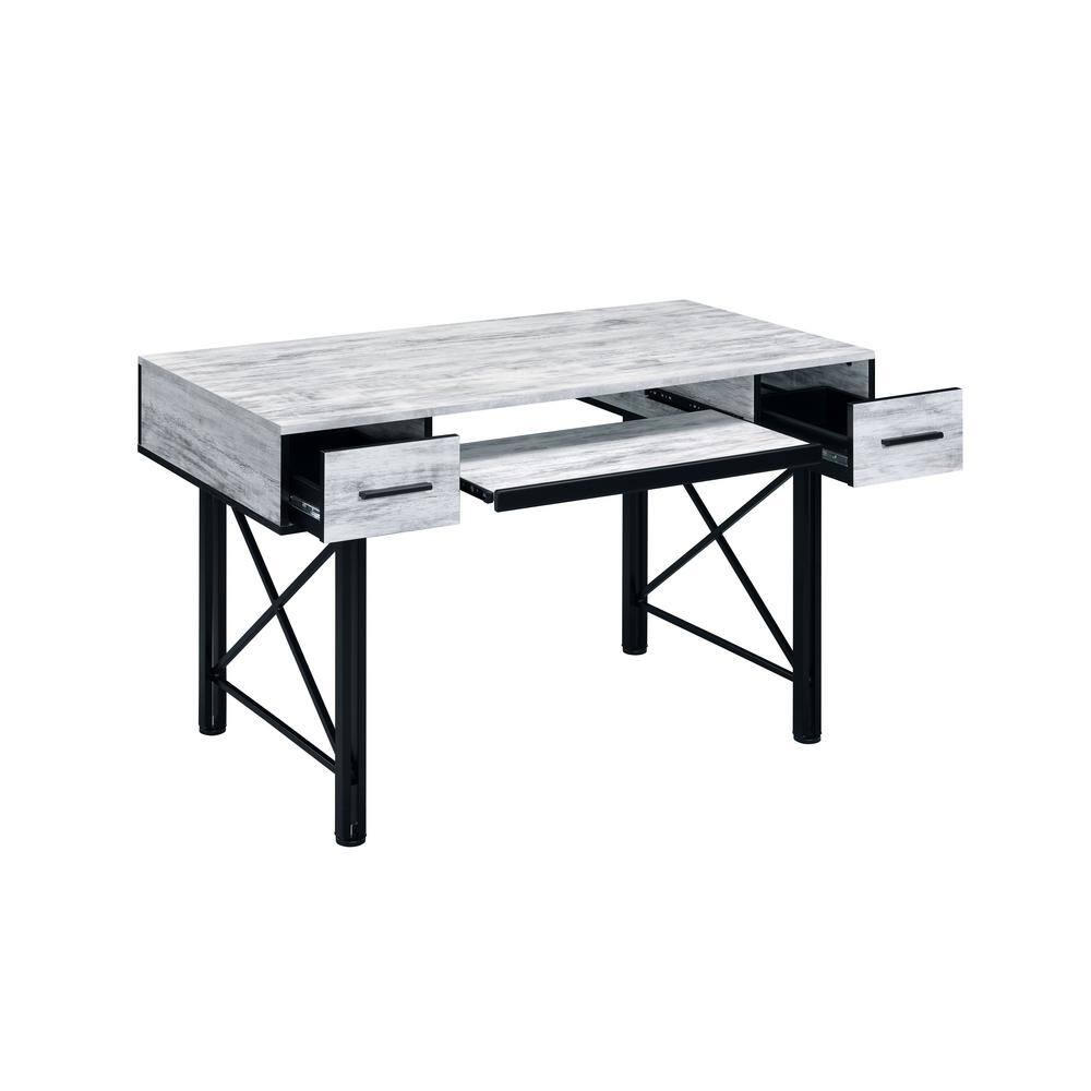 Distressed Antique White and Black Metal Framed Writing Desk with Drawers and Keyboard Tray