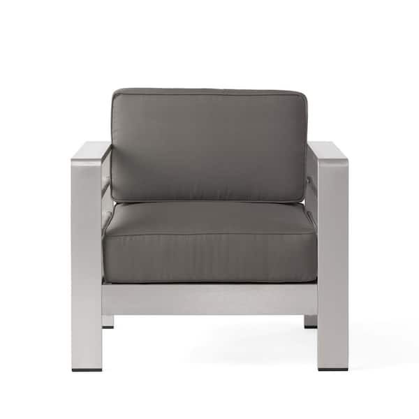 Noble House Salome Silver Metal Indoor/Outdoor Patio Club Chair with Khaki Cushion
