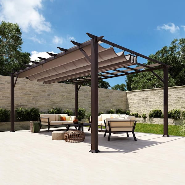 Paragon Outdoor Florence 11 ft. x 16 ft. Wood Grain Aluminum Pergola in Chilean Ipe and Cocoa Convertible Canopy