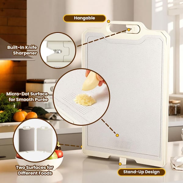 Dura Titanium and Wheat Straw PP Cutting Board Double-Sided 16.1 in. x 10.8 in. with Knife Sharpener and Juice Groove