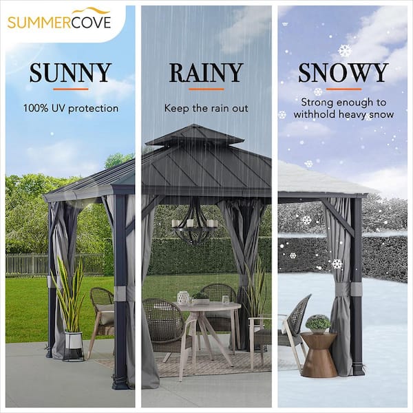 10 ft. x 10 ft. Aluminum Frame and Black Power-Coated 2-Tier Steel Hardtop Gazebo for Backyard with Netting and Curtain