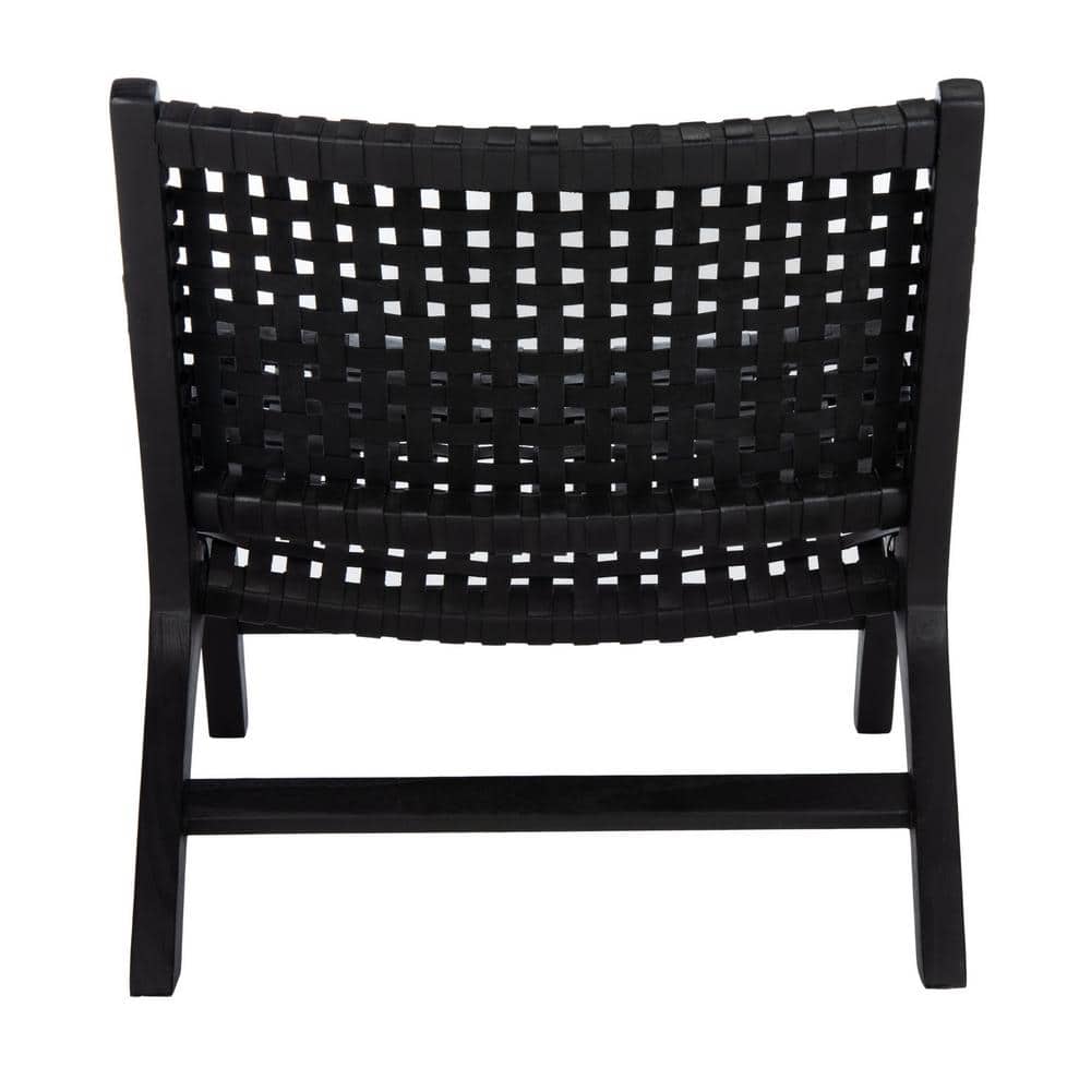 Luna Black Leather Woven Accent Chair with Sungkai Wood Frame