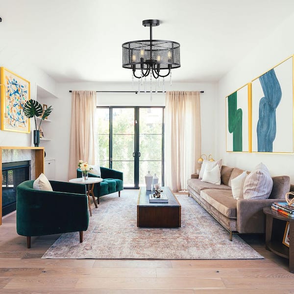 LWYTJO 15.7 in. 4Light Industrial Black Metal Drum SemiFlush Mount