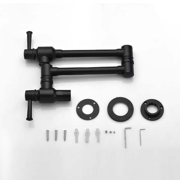 2-Handles Stainless Steel Wall Mounted Pot Filler Kitchen Sink Faucet Folding Stretchable in Matte Black