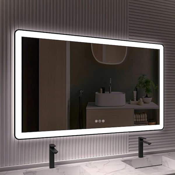 TOOLKISS 60 in. W x 36 in. H Rectangular Framed LED Anti-Fog Wall Bathroom Vanity Mirror in Black with Backlit and Front Light