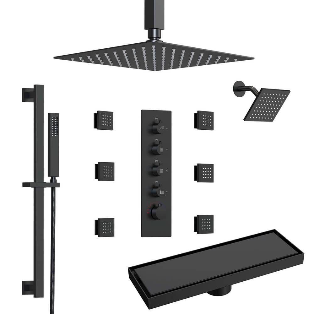 Quintuple Handles 13-Spray Dual Shower Faucets and Handheld 2.5 GPM with Body Spray in Matte Black with Shower Drain price history on PriceWatchPro