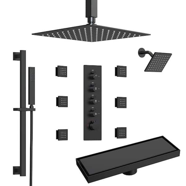 Quintuple Handles 13-Spray Dual Shower Faucets and Handheld 2.5 GPM with Body Spray in Matte Black with Shower Drain