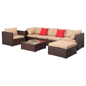 Brown 7-Piece Wicker Outdoor Sectional Set with Khaki Cushions