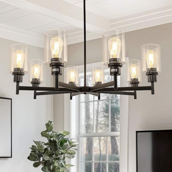 YANSUN 8-Light Black Industrial Chandelier with Clear Glass Cylinder Shades - Vintage Pendant Lighting for Living Room
