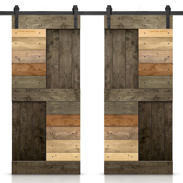 CALHOME 60 in. x 84 in. Muticolor Espresso Stained DIY Knotty Pine Wood Interior Double Sliding Barn Door with Hardware Kit