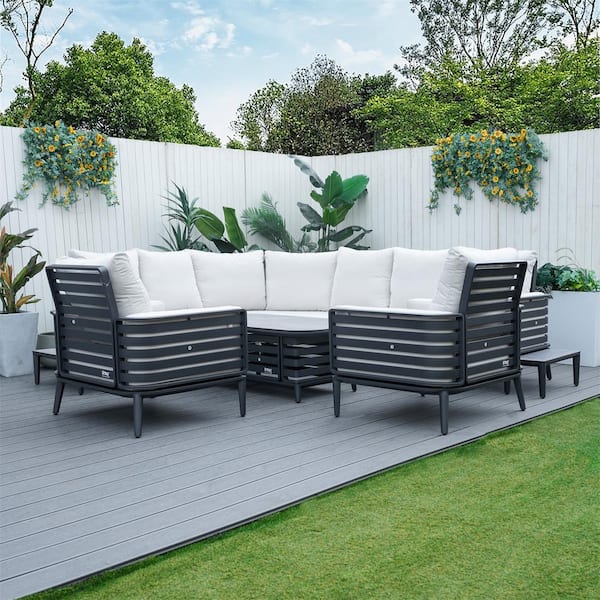 Right Dark Grey 7-Piece Aluminum Patio Conversation Set with Beige Cushions and 2 Single Sofas
