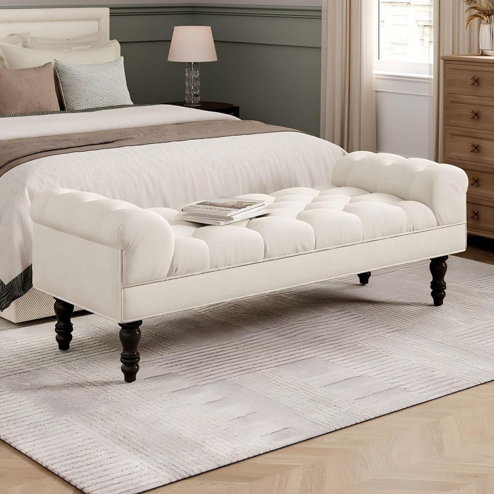 Jorrel Modern Beige Button-Tufted Fabric Upholstered Ottoman Bench with Rolled Arms, Solid Wood Legs